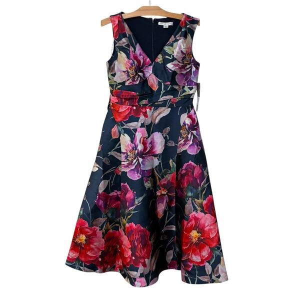 Kay Unger | Dress Tea Midi Length Floral Sleeveless V Neck Raspberry- Size 8 - Picture 1 of 11